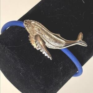 Silver Tone Whale Bracelet Blue Rubber Cord Nautical Jewelry